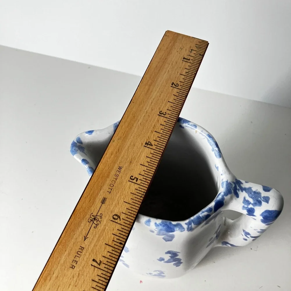 Bybee Pottery Pitcher Creamer 6in White Blue Spongeware Vintage Kentucky BB